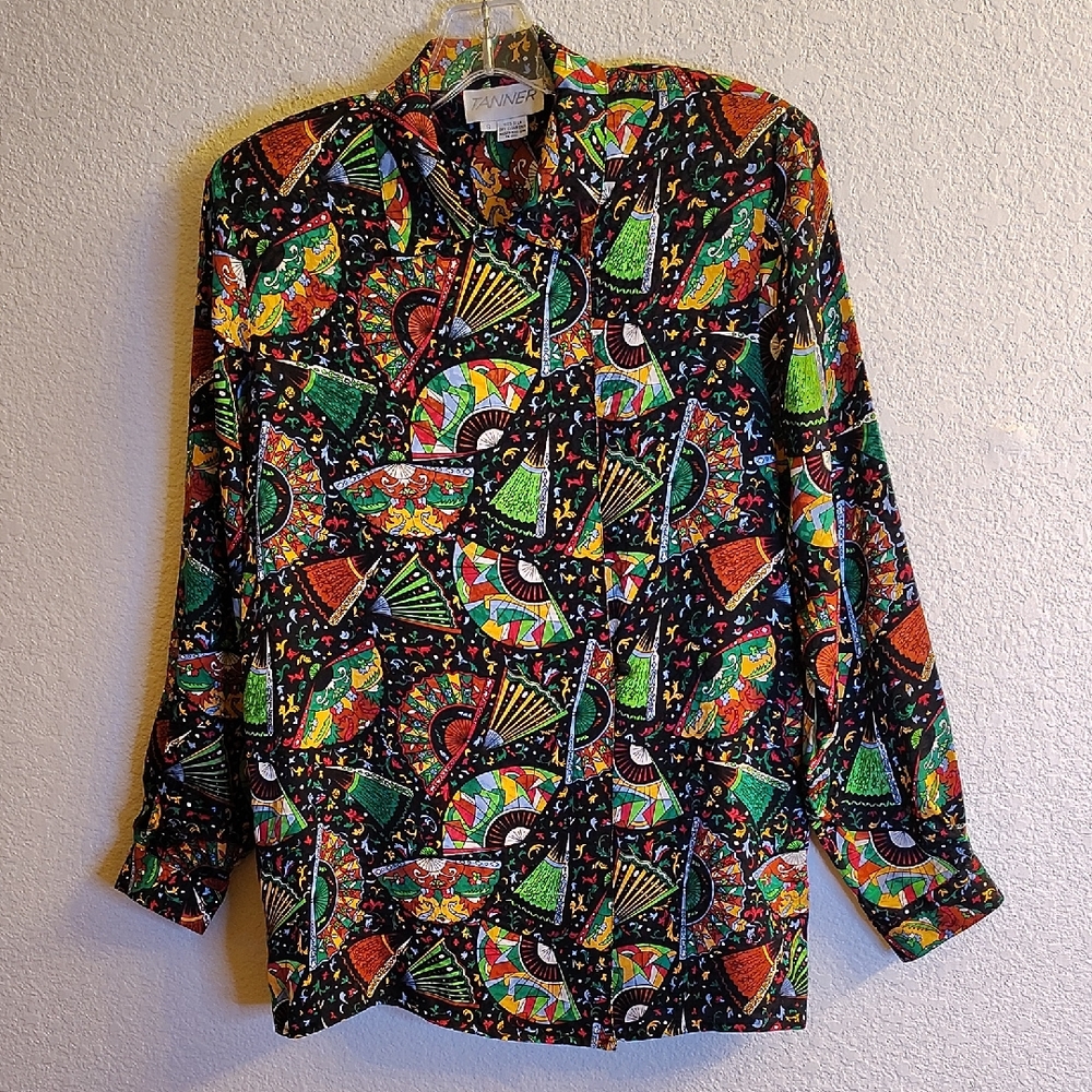 Tanner Vibrant Novelty Print Women's Size 8 Long Sleeve Silk Blouse B4 X P